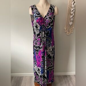 Y2K Vintage Joseph Ribkoff Psychedelic Maxi Dress Jeweled Beaded Brooch Size 14